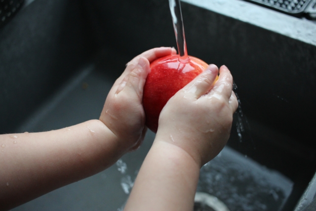 りんごを洗う子供